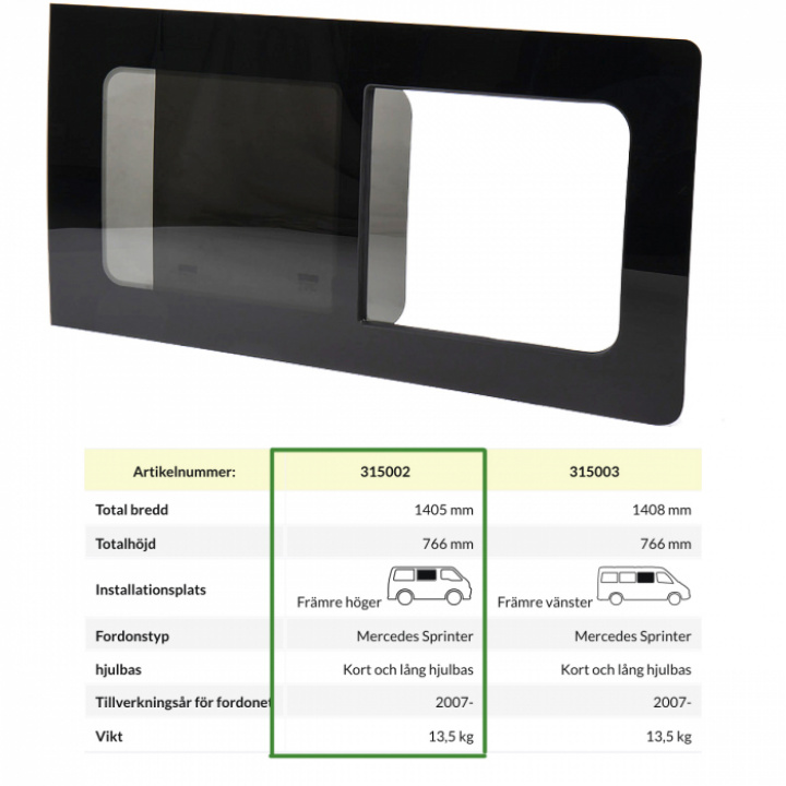 Skyvevindu høyre Mercedes Sprinter, VW Crafter 2007- i gruppen Chassis / Vinduer / Vindu Campervan hos Camping 4U (315002)